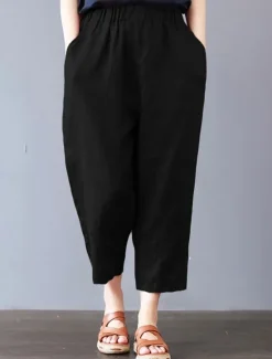 Hot Women's Cotton Linen Shorts Linen-Inspired Pants Cotton Linen Pants Fashion Streetwear Ankle-Length Mid Waist Geometic Flower Pocket Elastic Waist Baggy Breathability Soft Comfortable Micro-elastic Women Pants