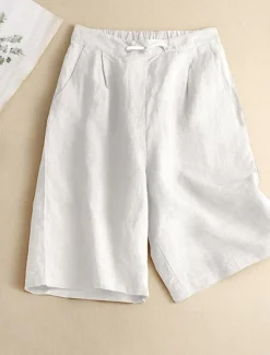 Best Women's Cotton Linen Shorts Shorts Casual Daily Short Plain Drawstring Side Pockets Breathability Comfortable Inelastic Weekend White Pink Green Khaki Summer Regular Fit Women Pants