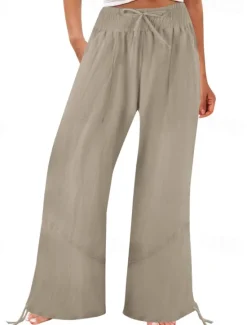 Outlet Women's Cotton Linen Shorts Linen-Inspired Pants Cotton Linen Pants Fashion Full Length Natural Plain Pocket Elastic Drawstring Design Comfy Outdoor Comfortable Outdoor Street Going out Orange red Women Pants
