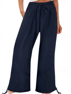 Outlet Women's Cotton Linen Shorts Linen-Inspired Pants Cotton Linen Pants Fashion Full Length Natural Plain Pocket Elastic Drawstring Design Comfy Outdoor Comfortable Outdoor Street Going out Orange red Women Pants