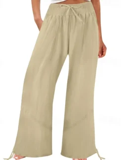 Outlet Women's Cotton Linen Shorts Linen-Inspired Pants Cotton Linen Pants Fashion Full Length Natural Plain Pocket Elastic Drawstring Design Comfy Outdoor Comfortable Outdoor Street Going out Orange red Women Pants