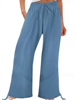Outlet Women's Cotton Linen Shorts Linen-Inspired Pants Cotton Linen Pants Fashion Full Length Natural Plain Pocket Elastic Drawstring Design Comfy Outdoor Comfortable Outdoor Street Going out Orange red Women Pants