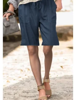 Best Women's Cotton Linen Shorts Shorts Slacks Streetwear Casual Short Natural Plain Pocket Elastic Drawstring Design Comfy Outdoor Street Daily Wear Going out Navy Black White Light Green Summer Regular Women Pants