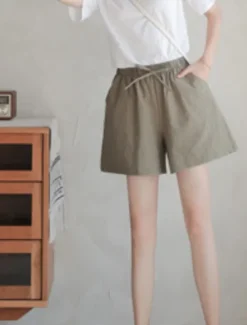 Discount Women's Cotton Linen Shorts Shorts Slacks Streetwear Casual Short Natural Plain Pocket Elastic Drawstring Design Comfy Outdoor Outdoor Holiday Forest Green Rust Navy Sapphire Blue Summer Regular Fit Women Pants