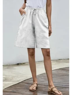 Clearance Women's Cotton Linen Shorts Shorts Slacks Streetwear Casual Short Natural Plain Pocket Elastic Drawstring Design Comfy Comfortable Street Going out Grey Navy Black White Summer Regular Fit Women Pants