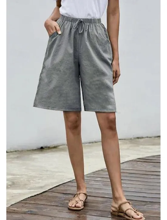 Clearance Women's Cotton Linen Shorts Shorts Slacks Streetwear Casual Short Natural Plain Pocket Elastic Drawstring Design Comfy Comfortable Street Going out Grey Navy Black White Summer Regular Fit Women Pants