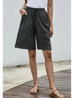 Clearance Women's Cotton Linen Shorts Shorts Slacks Streetwear Casual Short Natural Plain Pocket Elastic Drawstring Design Comfy Comfortable Street Going out Grey Navy Black White Summer Regular Fit Women Pants