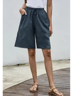 Clearance Women's Cotton Linen Shorts Shorts Slacks Streetwear Casual Short Natural Plain Pocket Elastic Drawstring Design Comfy Comfortable Street Going out Grey Navy Black White Summer Regular Fit Women Pants