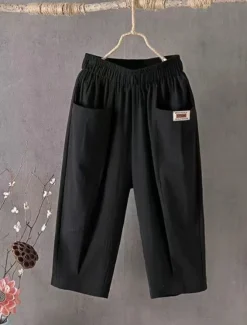 Discount Women's Cotton Linen Shorts Linen-Inspired Pants Cotton Linen Pants Active Simple Casual Calf-Length High Waist Plain Pocket Comfy Breathability Soft Micro-elastic Vacation Weekend Black White Yellow Women Pants