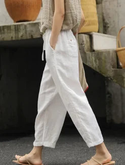 New Women's Cotton Linen Shorts Linen-Inspired Pants Cotton Linen Pants Fashion Streetwear Basic Ankle-Length High Waist Plain Pocket Elastic Waistband Comfort Outdoor Micro-elastic Vacation Street Daily Women Pants