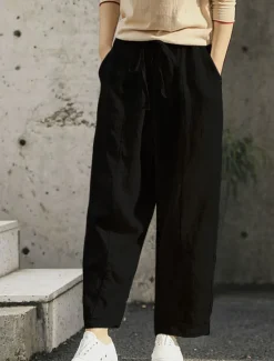 New Women's Cotton Linen Shorts Linen-Inspired Pants Cotton Linen Pants Fashion Streetwear Basic Ankle-Length High Waist Plain Pocket Elastic Waistband Comfort Outdoor Micro-elastic Vacation Street Daily Women Pants