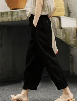 New Women's Cotton Linen Shorts Linen-Inspired Pants Cotton Linen Pants Fashion Streetwear Basic Ankle-Length High Waist Plain Pocket Elastic Waistband Comfort Outdoor Micro-elastic Vacation Street Daily Women Pants