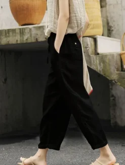New Women's Cotton Linen Shorts Linen-Inspired Pants Cotton Linen Pants Fashion Streetwear Basic Ankle-Length High Waist Plain Pocket Elastic Waistband Comfort Outdoor Micro-elastic Vacation Street Daily Women Pants
