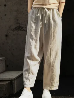 New Women's Cotton Linen Shorts Linen-Inspired Pants Cotton Linen Pants Fashion Streetwear Basic Ankle-Length High Waist Plain Pocket Elastic Waistband Comfort Outdoor Micro-elastic Vacation Street Daily Women Pants