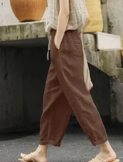 New Women's Cotton Linen Shorts Linen-Inspired Pants Cotton Linen Pants Fashion Streetwear Basic Ankle-Length High Waist Plain Pocket Elastic Waistband Comfort Outdoor Micro-elastic Vacation Street Daily Women Pants