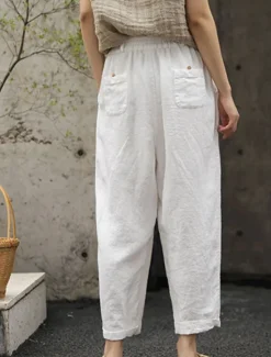 New Women's Cotton Linen Shorts Linen-Inspired Pants Cotton Linen Pants Fashion Streetwear Basic Ankle-Length High Waist Plain Pocket Elastic Waistband Comfort Outdoor Micro-elastic Vacation Street Daily Women Pants