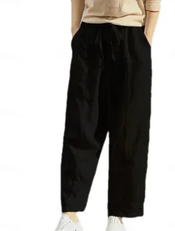 New Women's Cotton Linen Shorts Linen-Inspired Pants Cotton Linen Pants Fashion Streetwear Basic Ankle-Length High Waist Plain Pocket Elastic Waistband Comfort Outdoor Micro-elastic Vacation Street Daily Women Pants