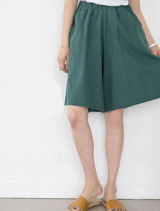 Online Women's Cotton Linen Shorts Wide Leg Shorts Fashion Knee Length Solid Color Side Pockets Wide Leg Comfort Inelastic Casual Daily Black Red Navy Blue Green Loose Fit Women Pants