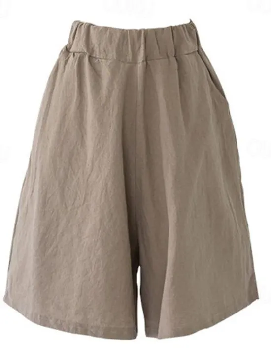 Online Women's Cotton Linen Shorts Wide Leg Shorts Fashion Knee Length Solid Color Side Pockets Wide Leg Comfort Inelastic Casual Daily Black Red Navy Blue Green Loose Fit Women Pants