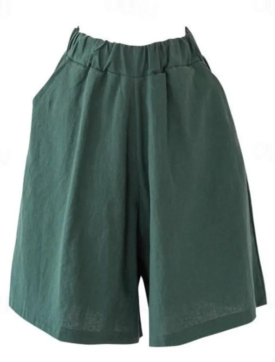 Online Women's Cotton Linen Shorts Wide Leg Shorts Fashion Knee Length Solid Color Side Pockets Wide Leg Comfort Inelastic Casual Daily Black Red Navy Blue Green Loose Fit Women Pants