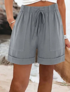 Discount Women's Cotton Linen Shorts Chinos Shorts Basic Short High Waist Plain Pocket Elastic Waistband Comfy Soft Comfortable Micro-elastic Outdoor Street Black Pink Army Green Blue Summer Spring Regular Fit Women Pants