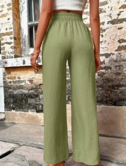 Online Women's Cotton Linen Shorts Linen-Inspired Pants Cotton Linen Pants Fashion Streetwear Comfort Full Length High Waist Plain Drawstring Elastic Waist Straight Leg Comfy Outdoor Comfortable Street Women Pants