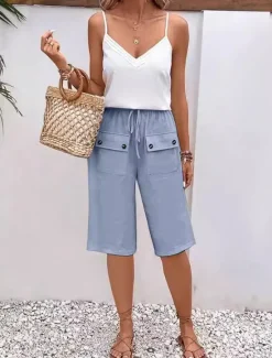 Outlet Women's Cotton Linen Shorts Shorts Casual Daily Knee Length Plain Pocket Drawstring Breathability Comfortable Inelastic Weekend Black Navy Blue Blue Beige Summer Regular Fit Women Pants