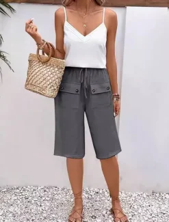 Outlet Women's Cotton Linen Shorts Shorts Casual Daily Knee Length Plain Pocket Drawstring Breathability Comfortable Inelastic Weekend Black Navy Blue Blue Beige Summer Regular Fit Women Pants
