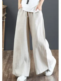 Discount Women's Cotton Linen Shorts Linen-Inspired Pants Cotton Linen Pants Fashion Streetwear Full Length Natural Plain Pocket Elastic Drawstring Design Comfy Comfortable Street Going out Apricot Jacinth Women Pants
