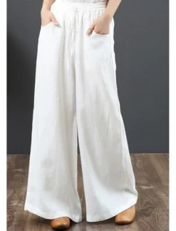 Discount Women's Cotton Linen Shorts Linen-Inspired Pants Cotton Linen Pants Fashion Streetwear Full Length Natural Plain Pocket Elastic Drawstring Design Comfy Comfortable Street Going out Apricot Jacinth Women Pants