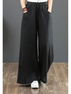 Discount Women's Cotton Linen Shorts Linen-Inspired Pants Cotton Linen Pants Fashion Streetwear Full Length Natural Plain Pocket Elastic Drawstring Design Comfy Comfortable Street Going out Apricot Jacinth Women Pants