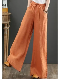 Discount Women's Cotton Linen Shorts Linen-Inspired Pants Cotton Linen Pants Fashion Streetwear Full Length Natural Plain Pocket Elastic Drawstring Design Comfy Comfortable Street Going out Apricot Jacinth Women Pants
