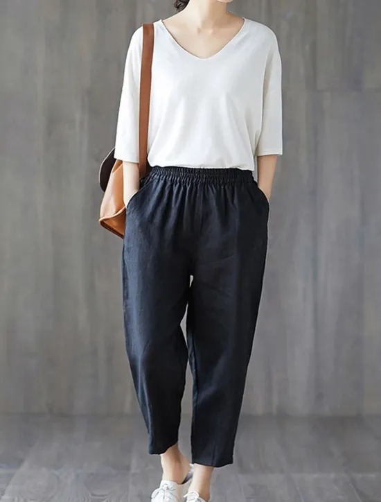 Outlet Women's Cotton Linen Shorts Capri shorts Baggy Pants Streetwear Casual Comfort Capris Mid Waist Plain Pocket Baggy Elastic Drawstring Design Comfort Breathability Soft Micro-elastic Vacation Casual Women Pants