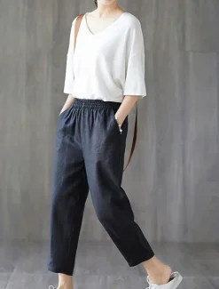 Outlet Women's Cotton Linen Shorts Capri shorts Baggy Pants Streetwear Casual Comfort Capris Mid Waist Plain Pocket Baggy Elastic Drawstring Design Comfort Breathability Soft Micro-elastic Vacation Casual Women Pants
