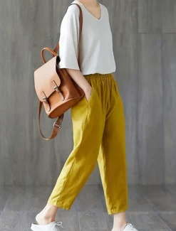 Outlet Women's Cotton Linen Shorts Capri shorts Baggy Pants Streetwear Casual Comfort Capris Mid Waist Plain Pocket Baggy Elastic Drawstring Design Comfort Breathability Soft Micro-elastic Vacation Casual Women Pants