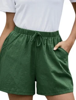 Sale Women's Cotton Linen Shorts Shorts Fashion Streetwear Short Natural Plain Pocket Elastic Drawstring Design Comfy Outdoor Comfortable Street Daily Wear Going out Wine Dark Brown Army Green Dark Navy Women Pants