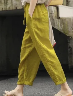 Online Women's Cotton Linen Shorts Linen-Inspired Pants Cotton Linen Pants Simple Classic & Timeless Full Length High Waist Solid Color Patchwork Pocket Drawstring Comfy Quick Dry Breathability Micro-elastic Women Pants