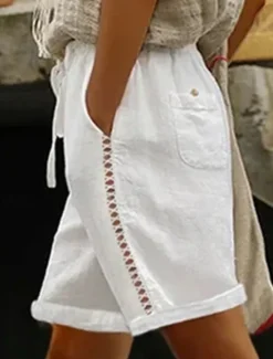 Online Women's Cotton Linen Shorts Wide Leg Shorts Fashion Short Plain Side Pockets Cut Out Comfort Inelastic Vacation Dark Grey White Khaki Light Grey Regular Fit Women Pants