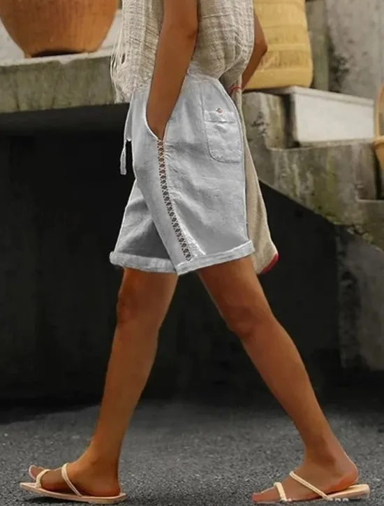 Online Women's Cotton Linen Shorts Wide Leg Shorts Fashion Short Plain Side Pockets Cut Out Comfort Inelastic Vacation Dark Grey White Khaki Light Grey Regular Fit Women Pants