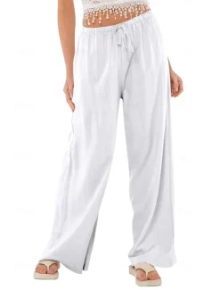 Best Women's Cotton Linen Shorts Linen-Inspired Pants Cotton Linen Pants Casual Full Length Natural Elastic Waistband Elastic Drawstring Design Inelastic milk white carmine Deep Green Cuticolor Spring Fall Women Pants