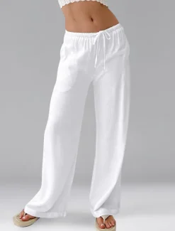 Best Women's Cotton Linen Shorts Linen-Inspired Pants Cotton Linen Pants Casual Full Length Natural Elastic Waistband Elastic Drawstring Design Inelastic milk white carmine Deep Green Cuticolor Spring Fall Women Pants