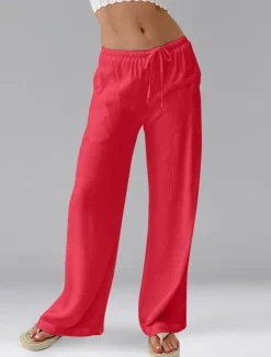 Best Women's Cotton Linen Shorts Linen-Inspired Pants Cotton Linen Pants Casual Full Length Natural Elastic Waistband Elastic Drawstring Design Inelastic milk white carmine Deep Green Cuticolor Spring Fall Women Pants