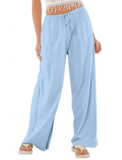 Best Women's Cotton Linen Shorts Linen-Inspired Pants Cotton Linen Pants Casual Full Length Natural Elastic Waistband Elastic Drawstring Design Inelastic milk white carmine Deep Green Cuticolor Spring Fall Women Pants