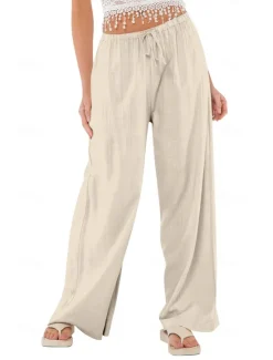 Best Women's Cotton Linen Shorts Linen-Inspired Pants Cotton Linen Pants Casual Full Length Natural Elastic Waistband Elastic Drawstring Design Inelastic milk white carmine Deep Green Cuticolor Spring Fall Women Pants
