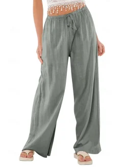 Best Women's Cotton Linen Shorts Linen-Inspired Pants Cotton Linen Pants Casual Full Length Natural Elastic Waistband Elastic Drawstring Design Inelastic milk white carmine Deep Green Cuticolor Spring Fall Women Pants