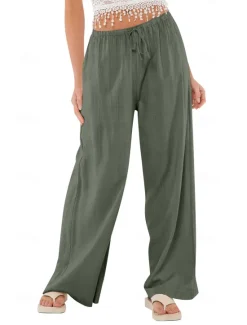 Best Women's Cotton Linen Shorts Linen-Inspired Pants Cotton Linen Pants Casual Full Length Natural Elastic Waistband Elastic Drawstring Design Inelastic milk white carmine Deep Green Cuticolor Spring Fall Women Pants