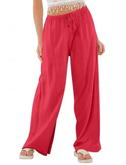 Best Women's Cotton Linen Shorts Linen-Inspired Pants Cotton Linen Pants Casual Full Length Natural Elastic Waistband Elastic Drawstring Design Inelastic milk white carmine Deep Green Cuticolor Spring Fall Women Pants