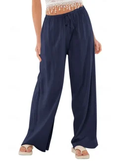 Best Women's Cotton Linen Shorts Linen-Inspired Pants Cotton Linen Pants Casual Full Length Natural Elastic Waistband Elastic Drawstring Design Inelastic milk white carmine Deep Green Cuticolor Spring Fall Women Pants