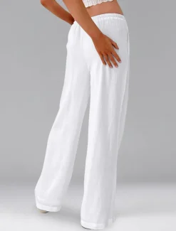 Best Women's Cotton Linen Shorts Linen-Inspired Pants Cotton Linen Pants Casual Full Length Natural Elastic Waistband Elastic Drawstring Design Inelastic milk white carmine Deep Green Cuticolor Spring Fall Women Pants