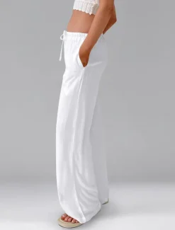 Best Women's Cotton Linen Shorts Linen-Inspired Pants Cotton Linen Pants Casual Full Length Natural Elastic Waistband Elastic Drawstring Design Inelastic milk white carmine Deep Green Cuticolor Spring Fall Women Pants